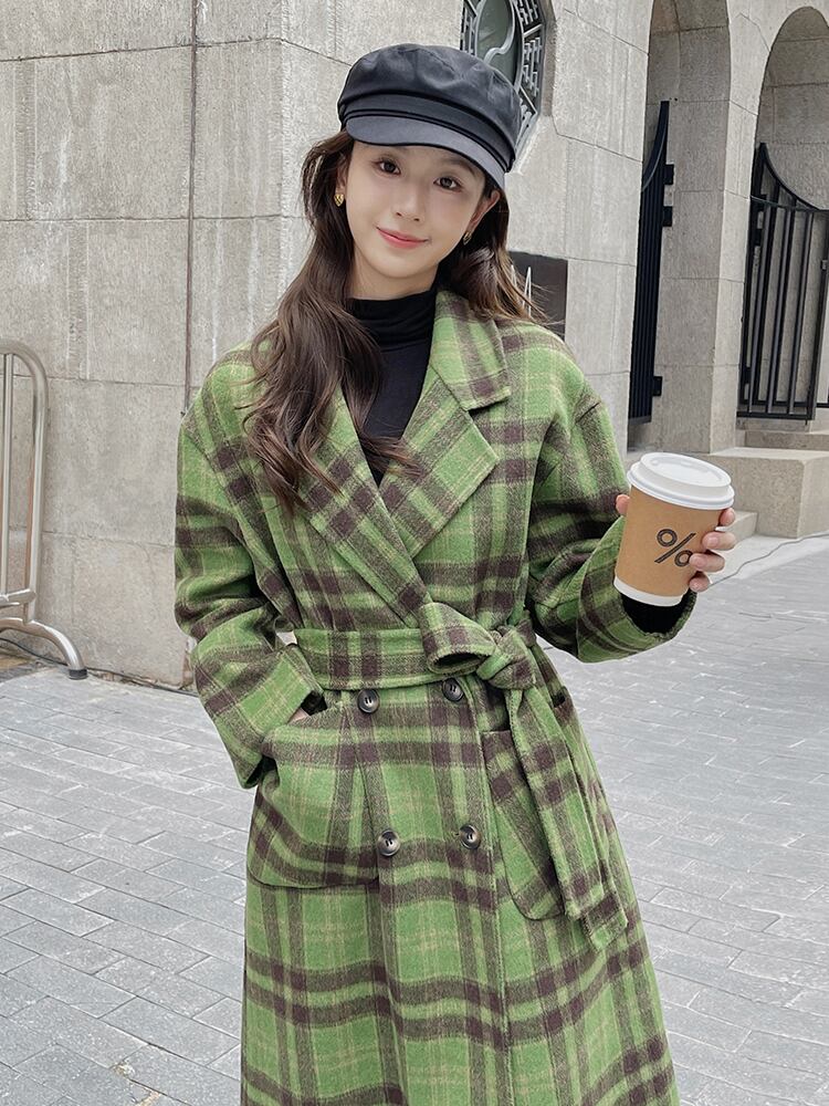 グリーンチェック柄両面カシミアコートレディースミドル丈2023秋冬新作