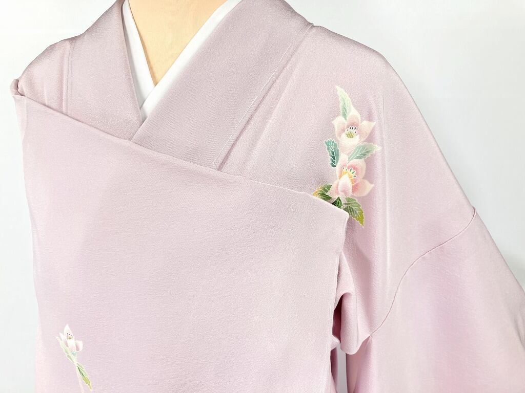 未使用 本加賀友禅 多崎元人 訪問着 花柄 正絹 紫 ピンク 淡紅藤 906