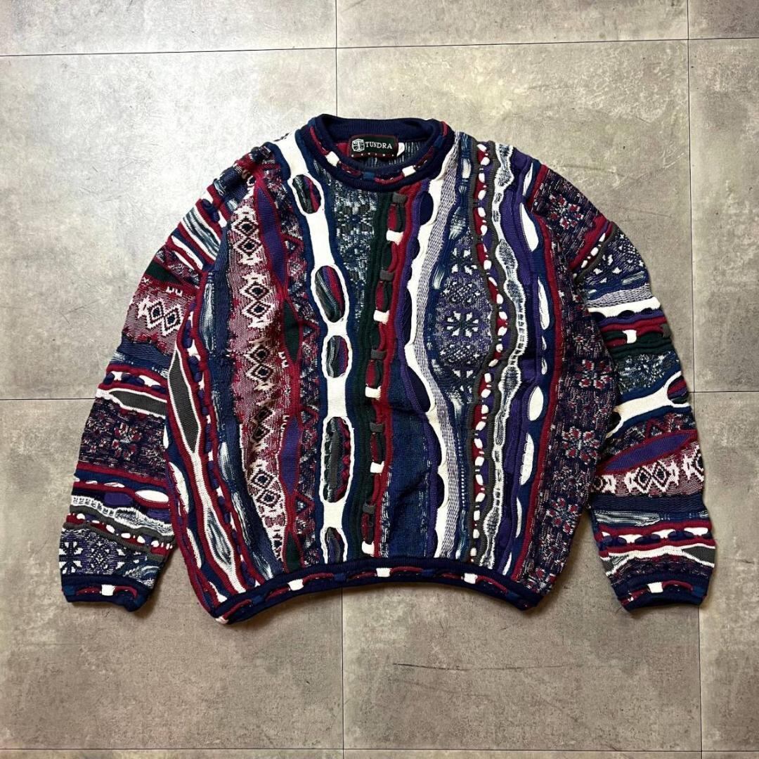 90's TUNDRA 3D Knit Sweater XL In Purple Multi / 90s カナダ製