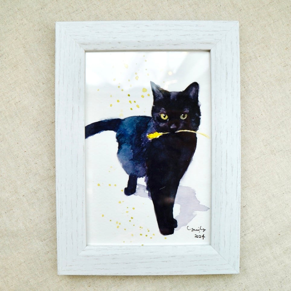 原画#3967 黒猫 星空 ベネチア 水彩画 ドローイング インテリア 絵画