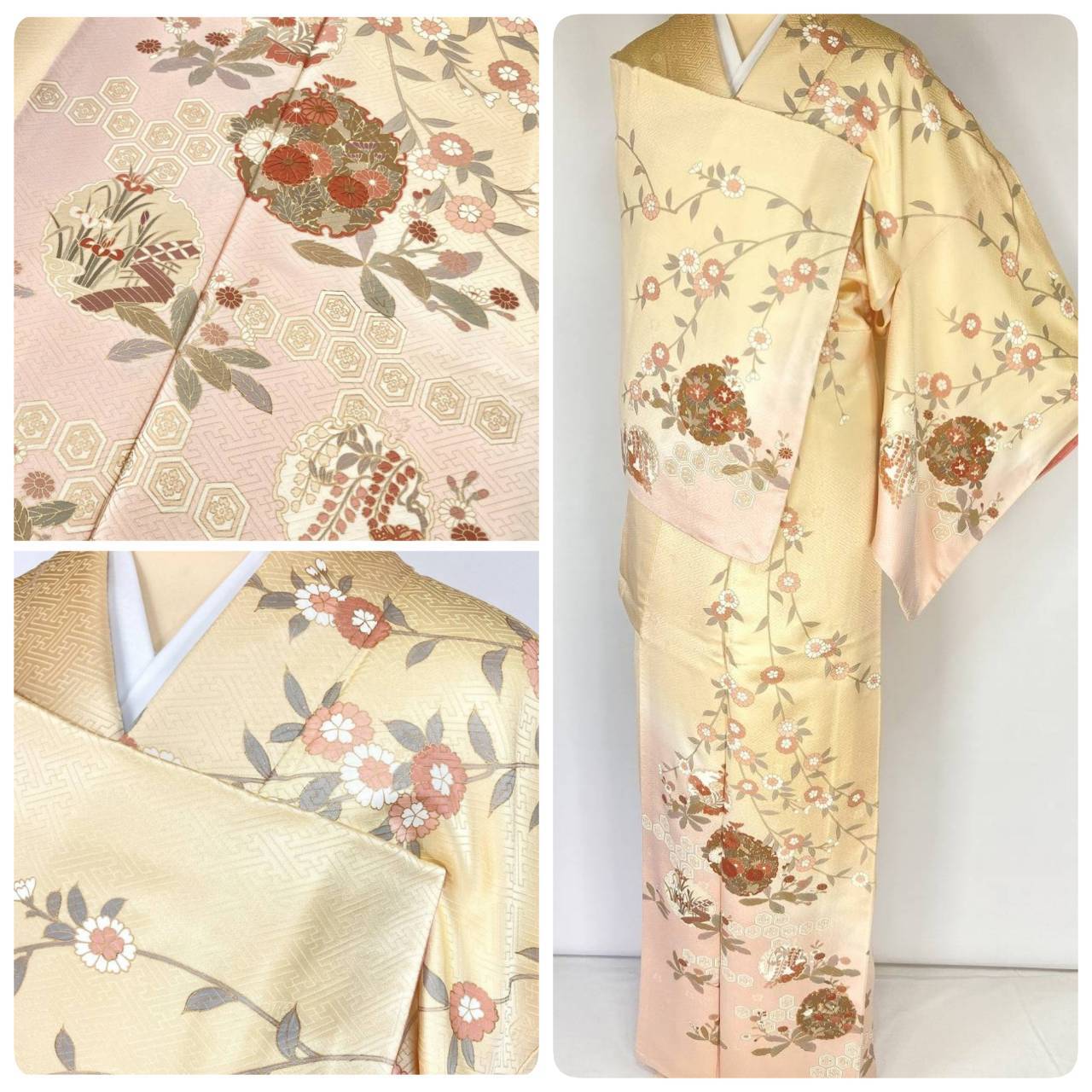 未使用 四季の花々 絞り 手描き友禅 訪問着 袷 正絹 黄緑 黄色