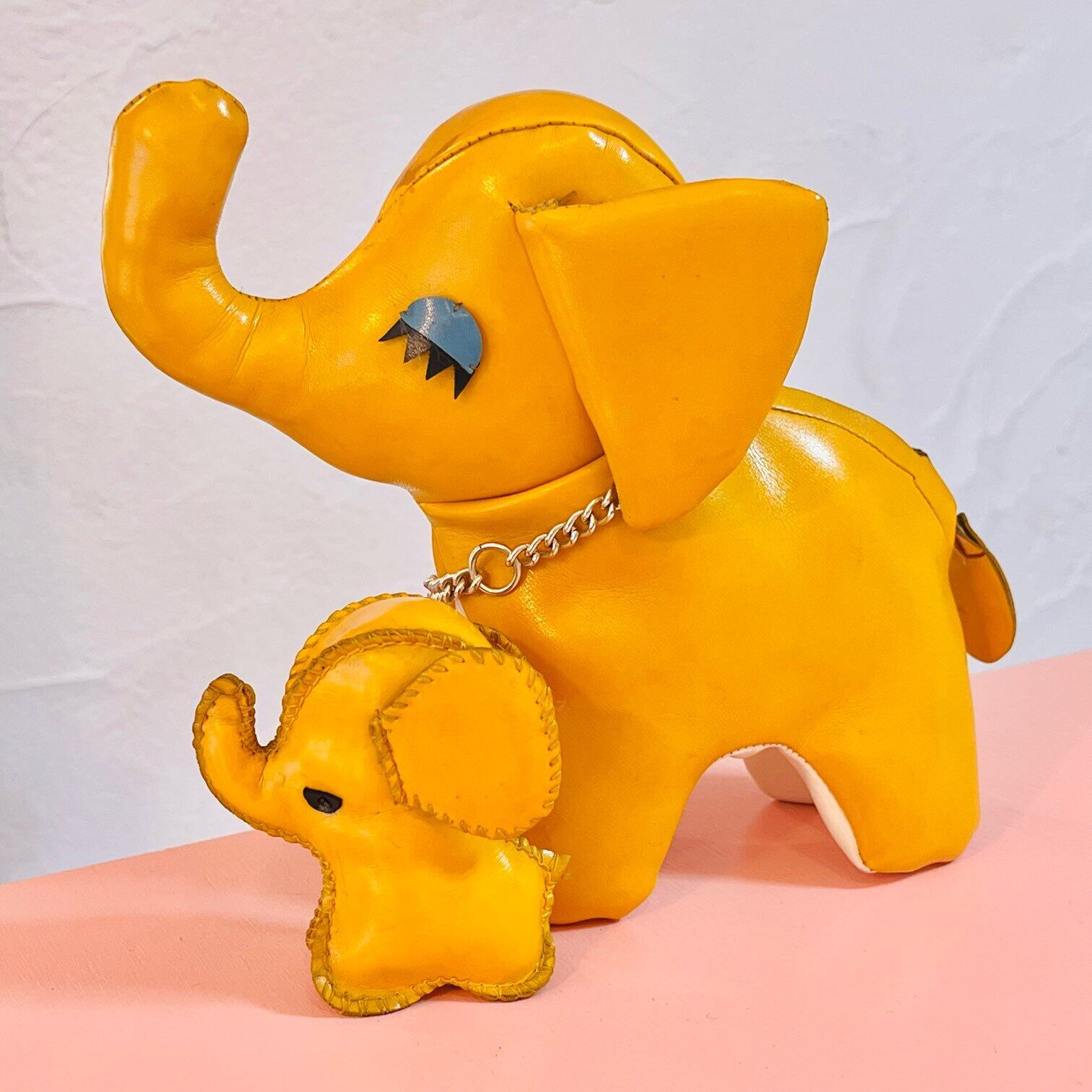 黄色いゾウの親子 レザーぬいぐるみ 昭和レトロ | 春眠雑貨店