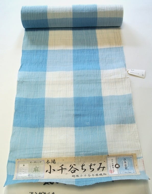 小千谷ちぢみ 【麻 着物】 本場 小千谷縮 水色 格子 【反物】 夏物 本