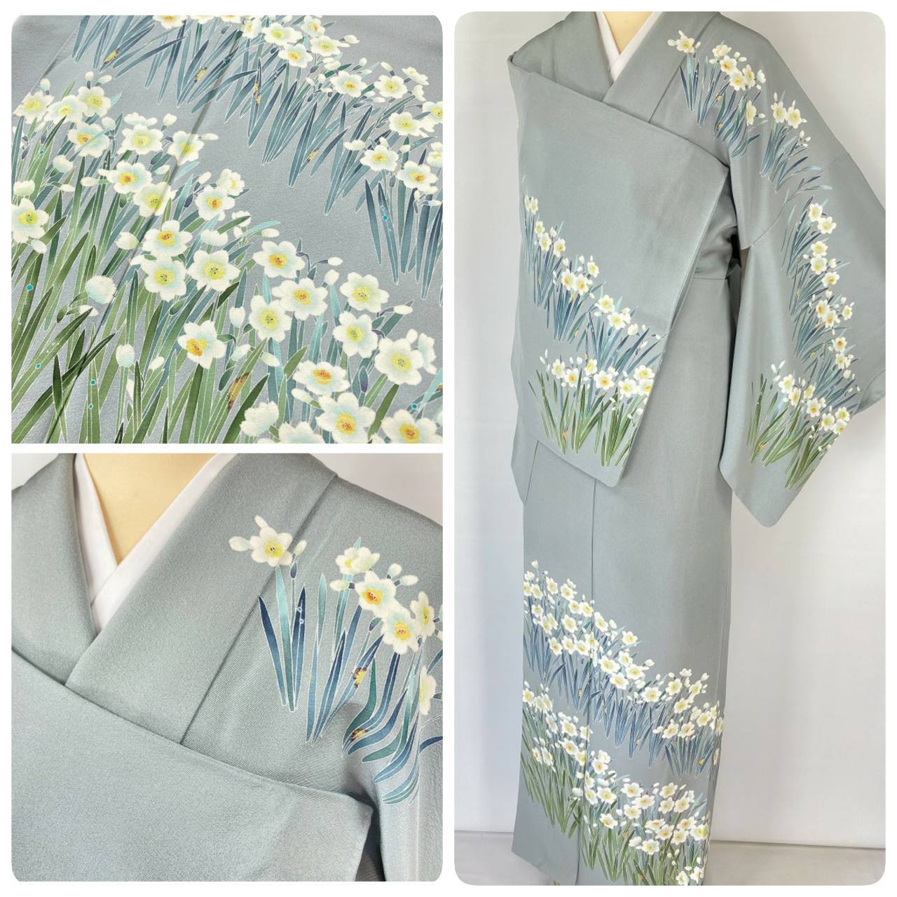 作家物 京加賀友禅 水仙 訪問着 正絹 袷 浅葱鼠 青緑 グレー 白 1157
