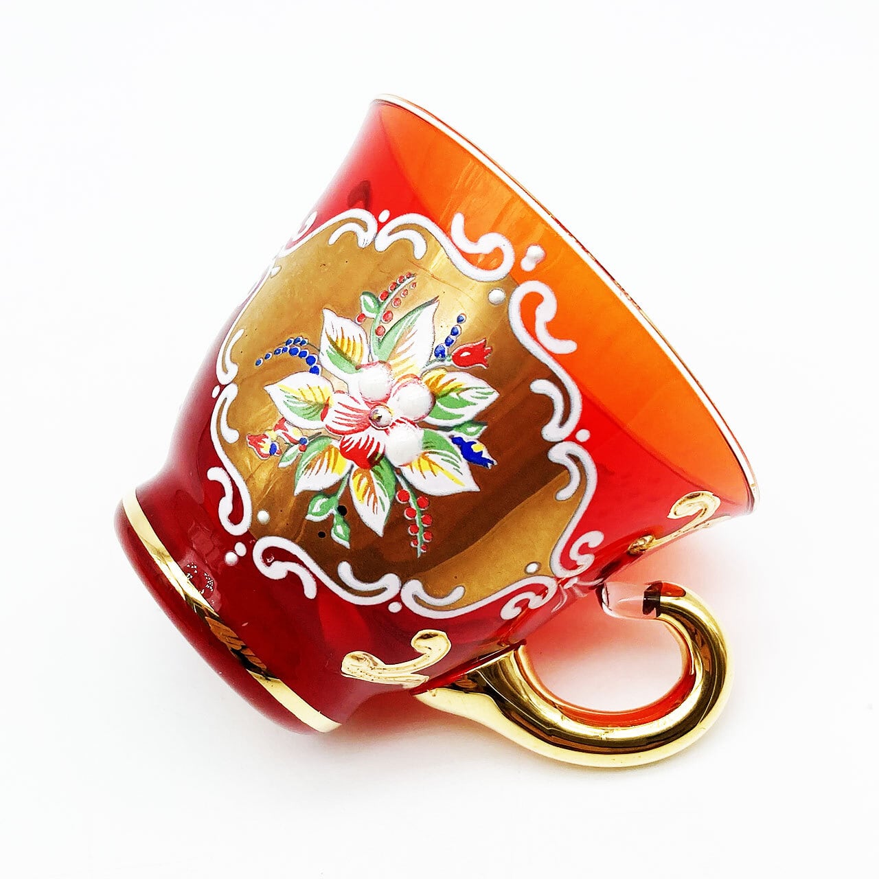 ベネチアングラス ムラノ イタリア カップ＆ソーサー レッド 金彩 花紋