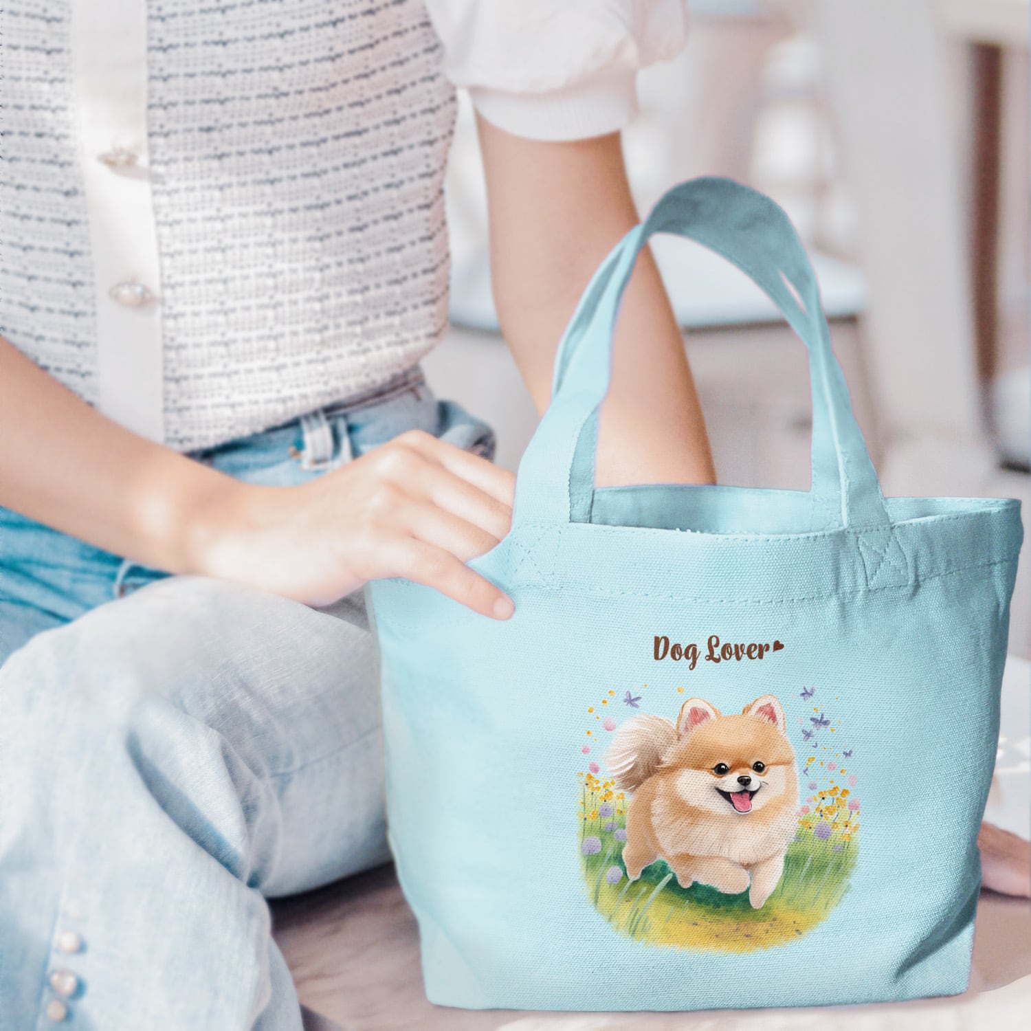 自然に囲まれた ポメラニアン 】ミニキャンバス トートバッグ 犬