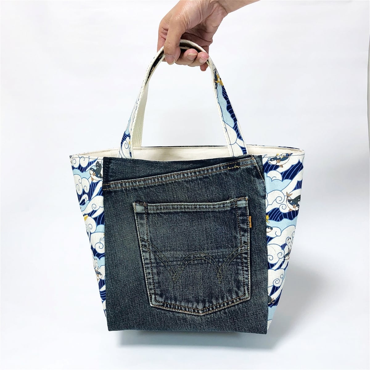 トートバッグ リメイクデニム 猫 波乗り サーフィン ジーンズ