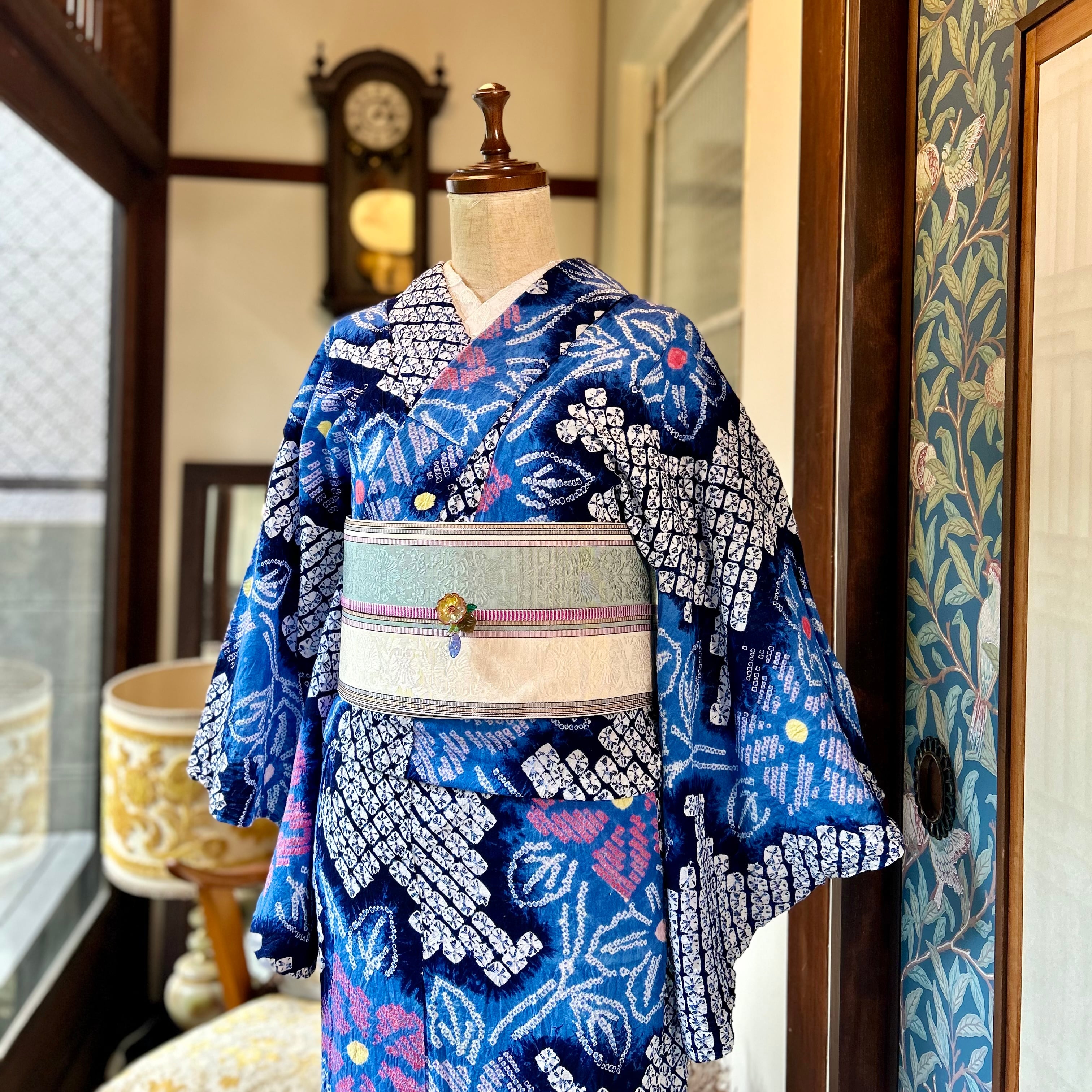 long＊五感の涼＊有松鳴海絞り浴衣 ネイビー 花 A727 | kimono tento