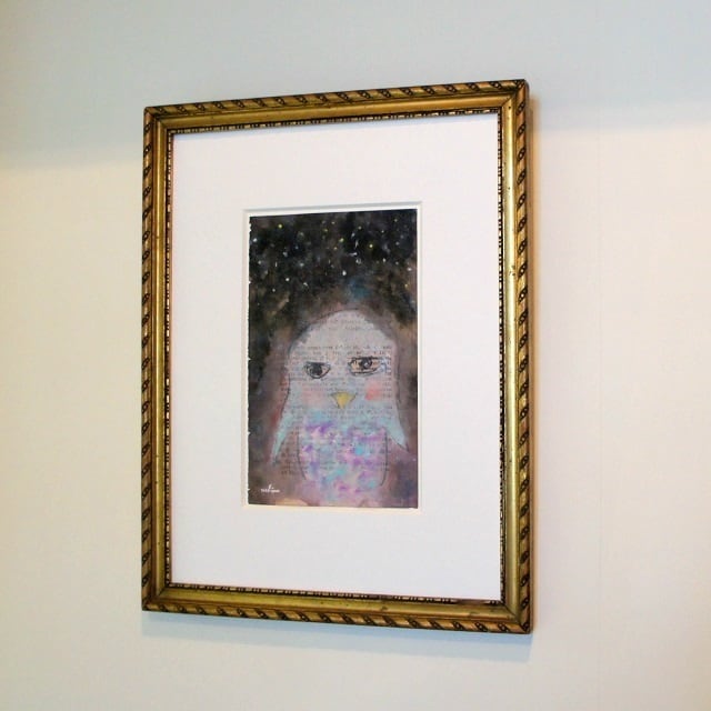 フクロウ」 古い紙にアクリル ・ペン* 現代アート作品 イラスト