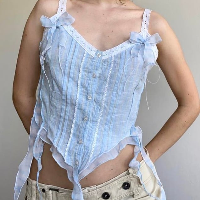 ストライプ柄 キャミソール ビスチェ リボン レース トップス 韓国