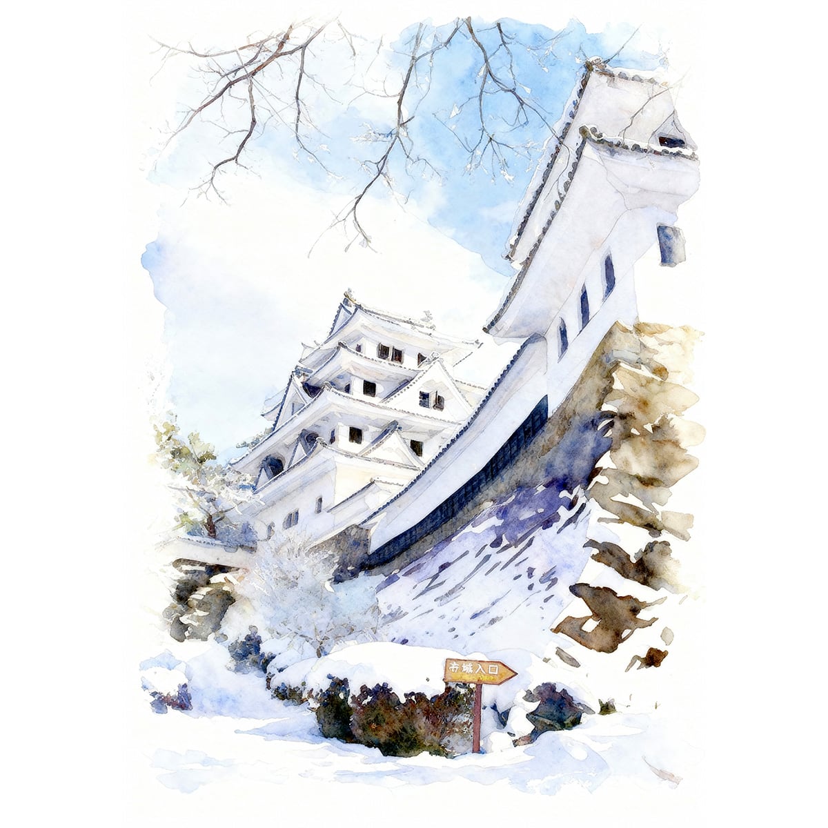 絵画 風景画(街並み) 日本の城 冬 雪が積もる郡上八幡城 インテリア