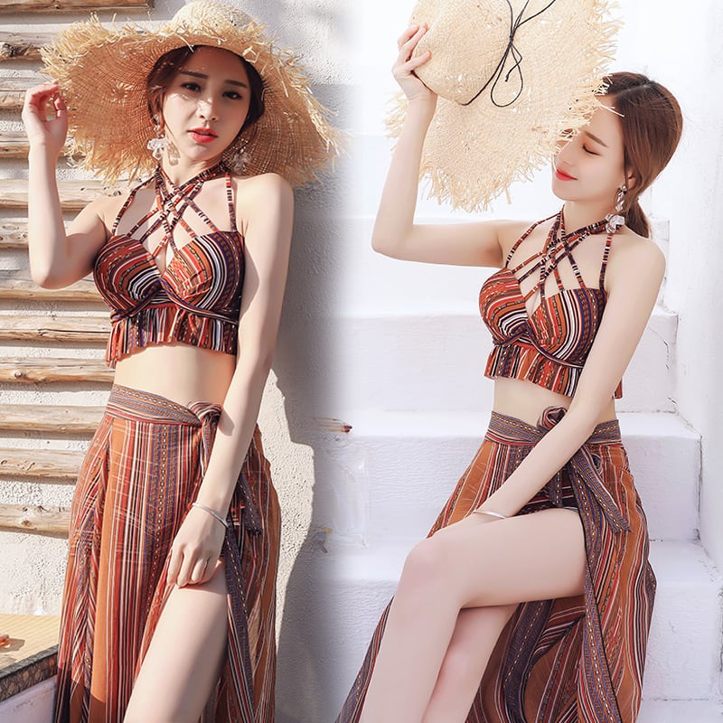 Z-20230 水着 ビキニ パレオ リボン クロス ネック エスニック 大人