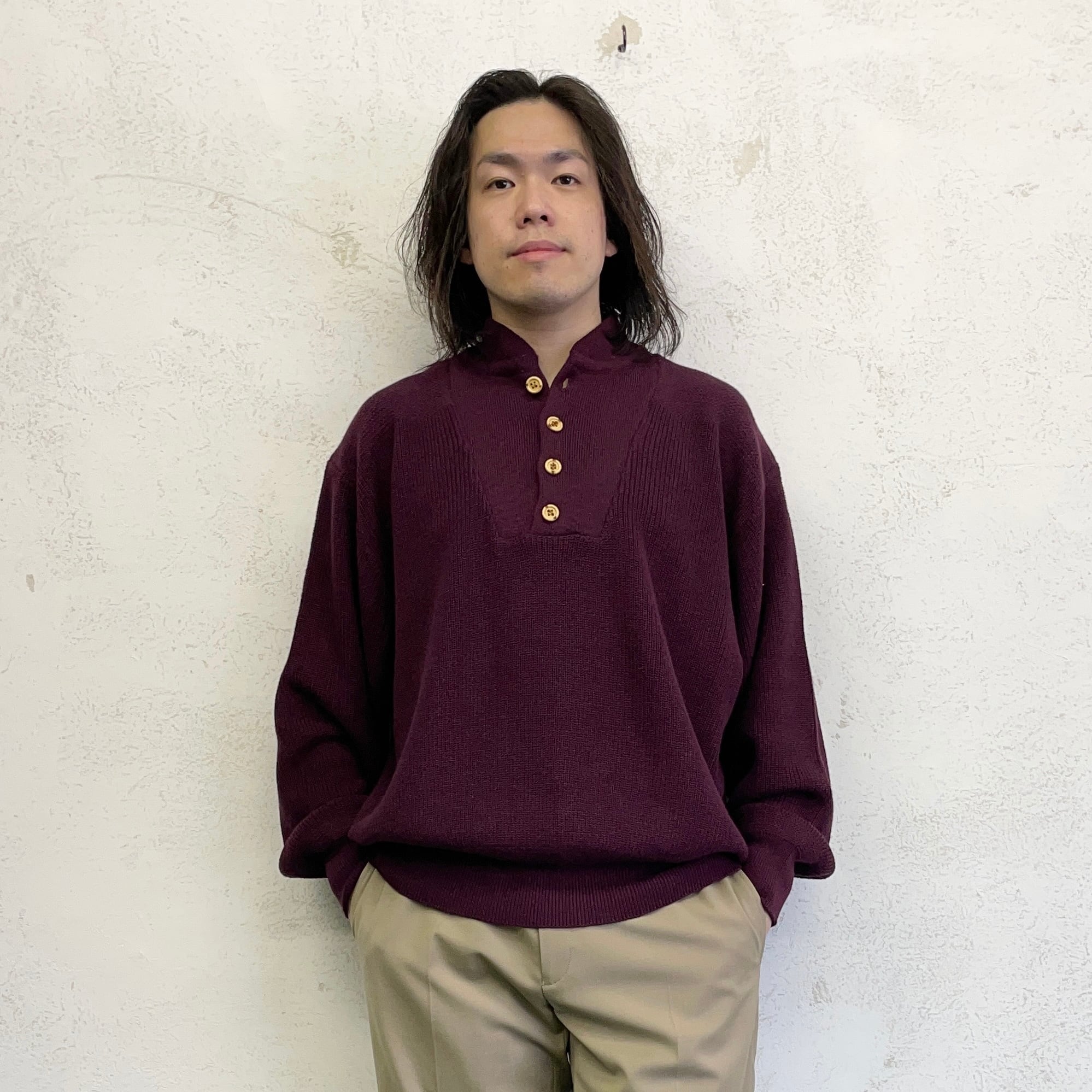 90's Eddie Bauer Henley neck cotton knit size/L エディーバウアー