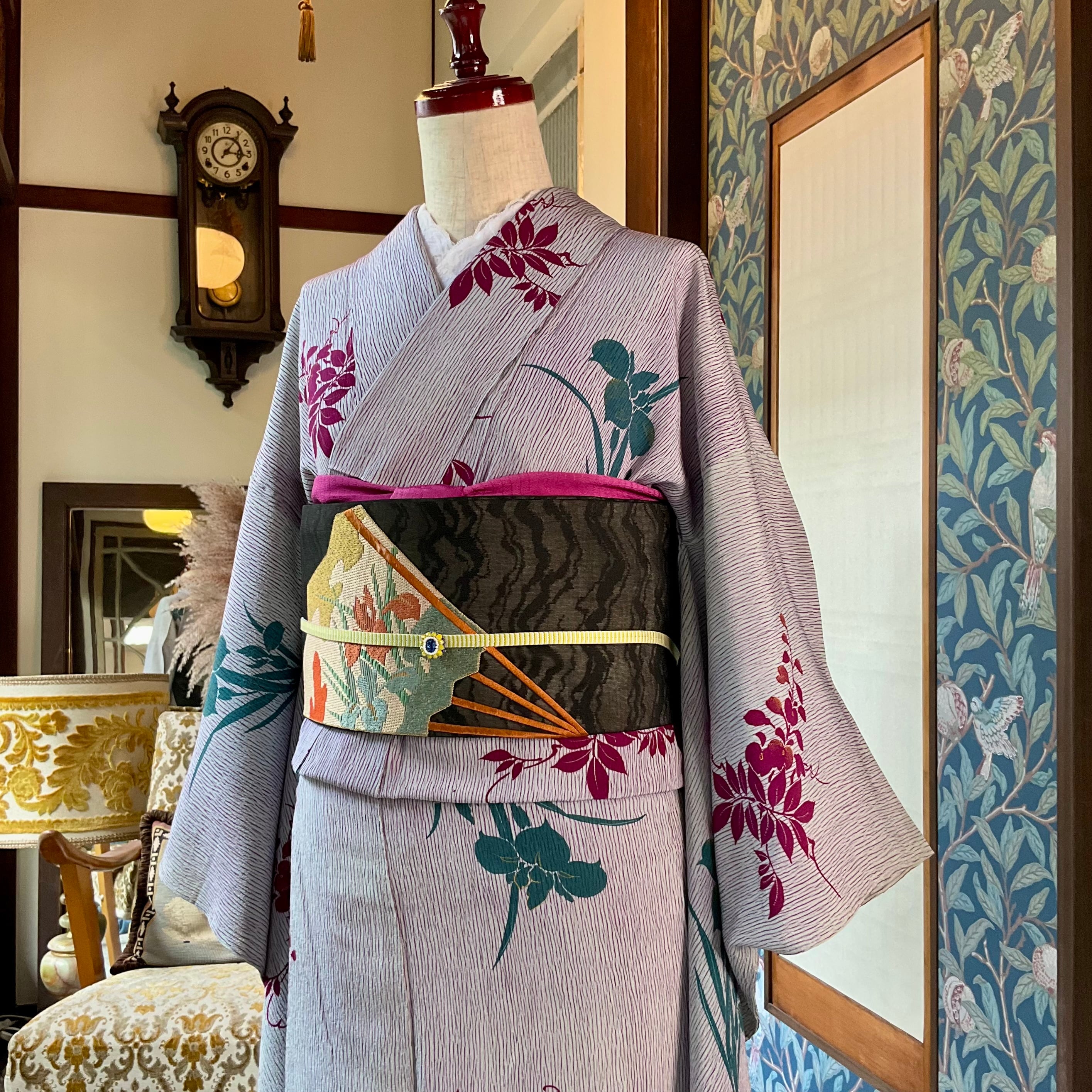 菖と藤の花だより＊単衣 青磁鼠色 くすみミント ライトブルーグレー