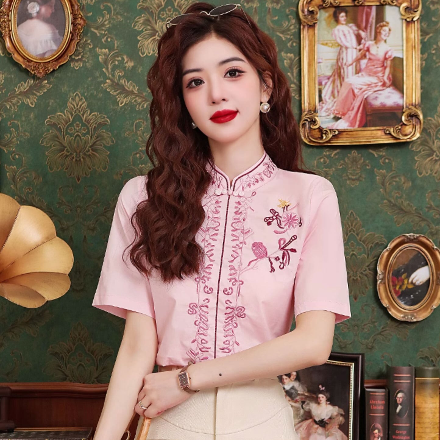 チャイナ風トップス 刺繍 ピンク 上品な風合い 春夏 半袖 zh541