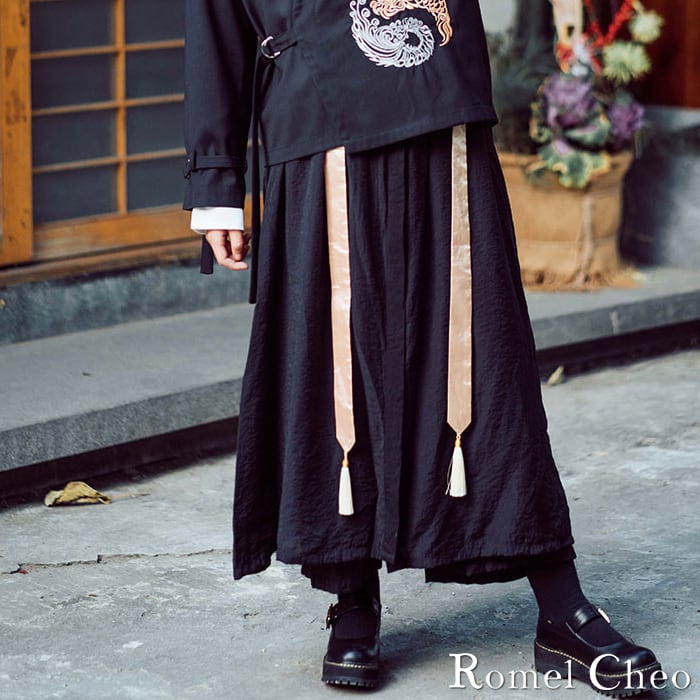 送料無料】RomelCheo 前掛け 袴パンツ ラップ パンツ エプロン ワイド