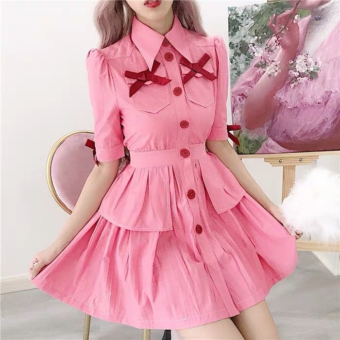 リボン ピンク 赤 ミニスカート ワンピース XS シャツ ブラウス フリル