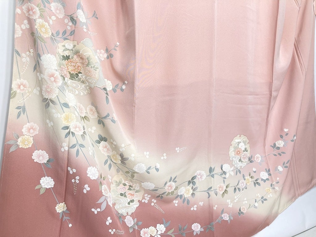 未使用 京友禅 金駒刺繍 雪輪 花柄 金彩 訪問着 正絹 ピンク 黄色 聴色