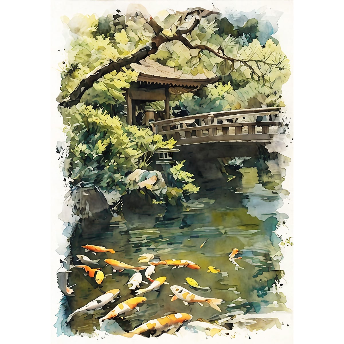 絵画(風景画) 日本庭園の鯉 インテリアアート額付き 水彩画・油絵風