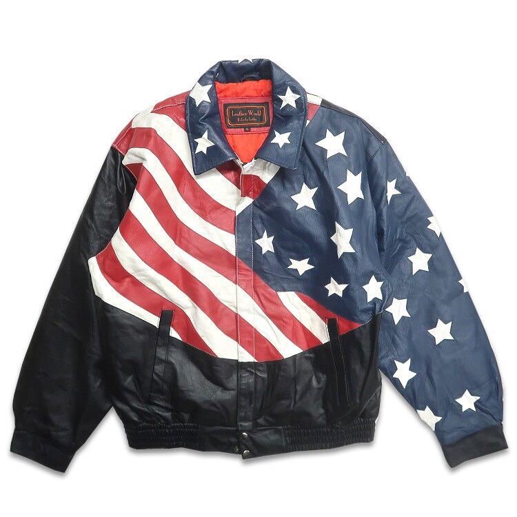 古着 leather world by lucky leather 星条旗 レザージャケット 刺繍