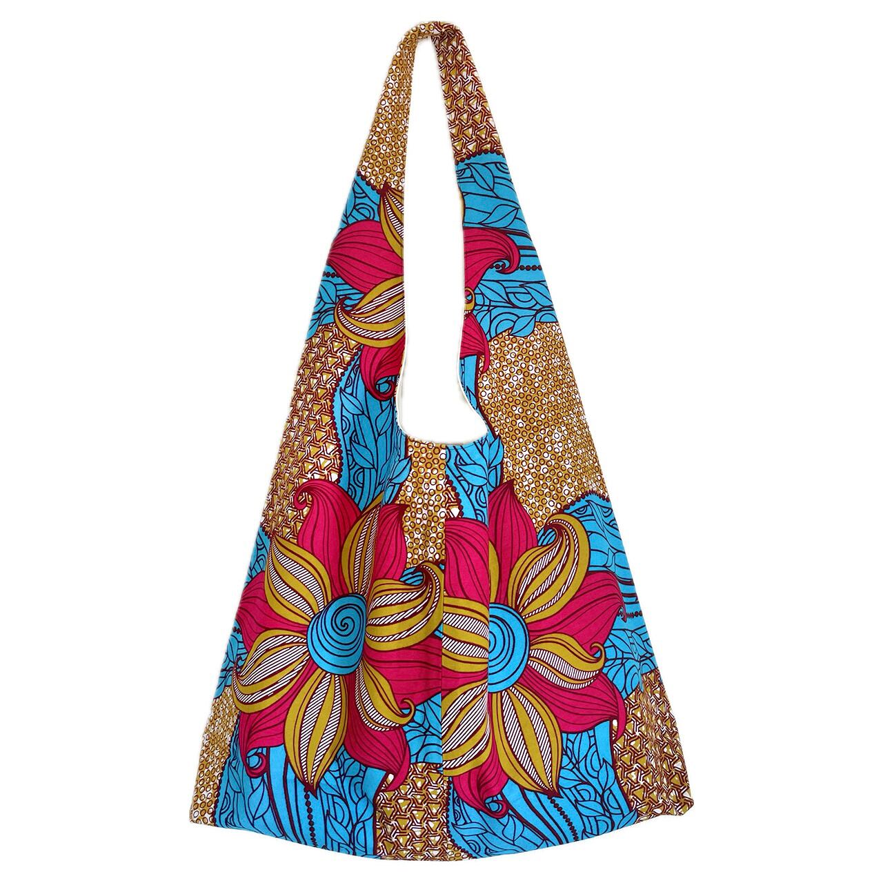 リバーシブルマルシェバッグ 花 ピンク スカイブルー イエロー（日本