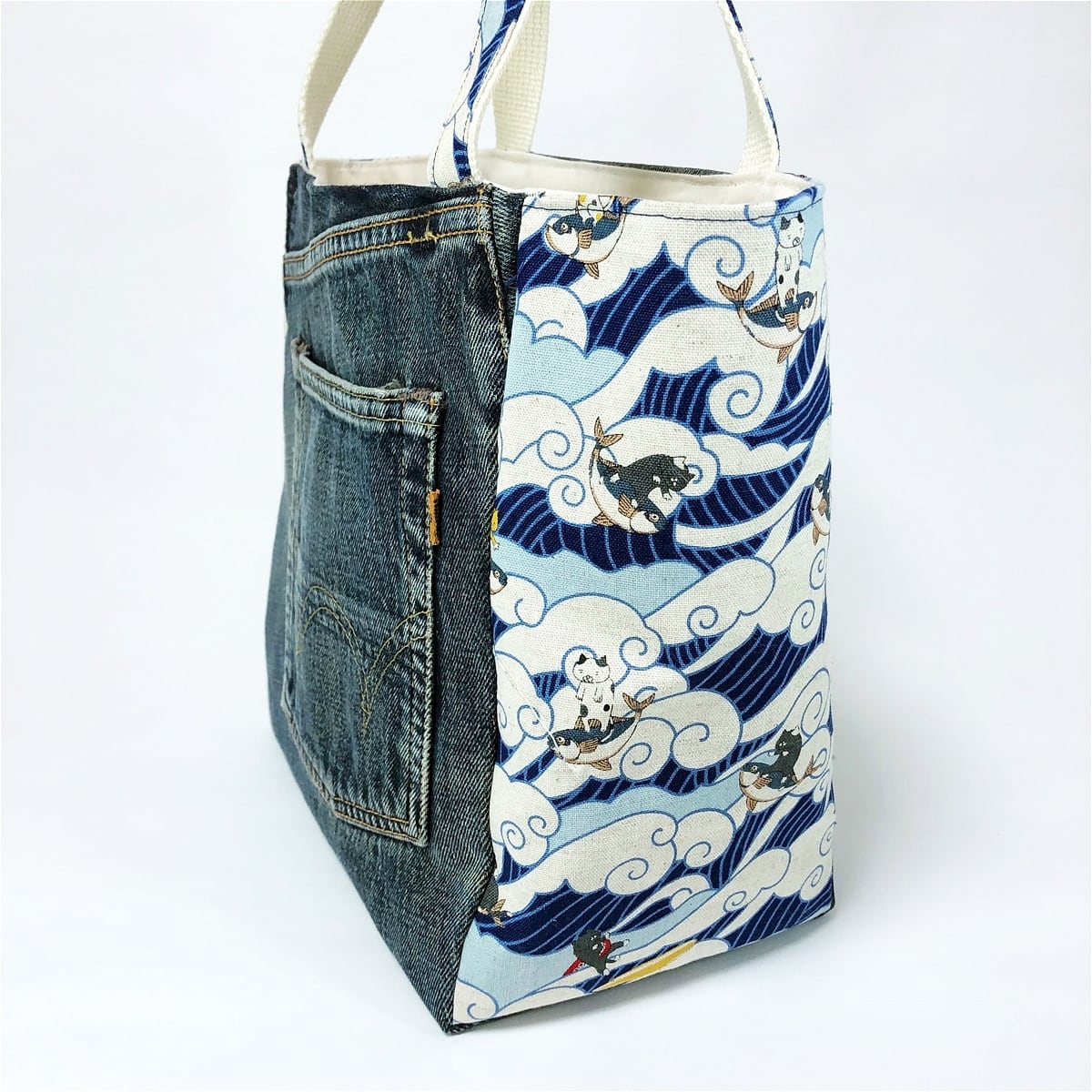 トートバッグ リメイクデニム 猫 波乗り サーフィン ジーンズ