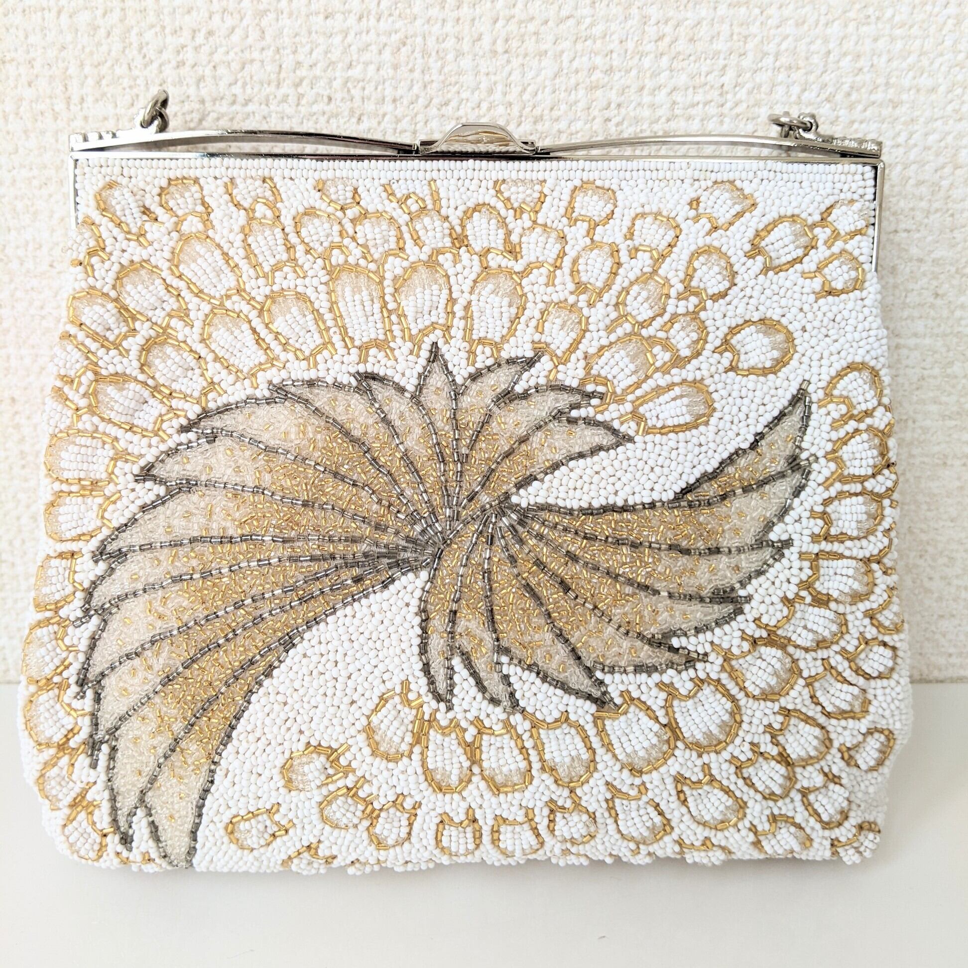Vintage】ビーズ刺繍バッグ Beaded Bag 白×金 孔雀の羽 パーティー
