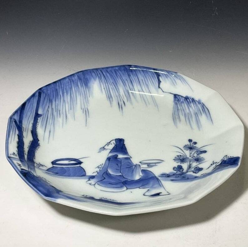 17.5cm/古伊万里 染付 柳下観花文12角皿 江戸時代後期 | Nakayacacan