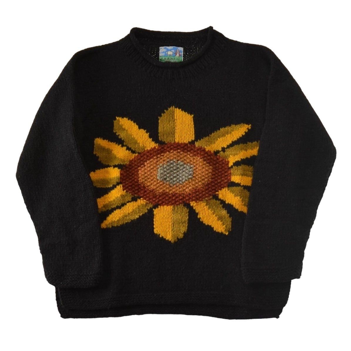 1980's Vintage Mock Neck Sun Flower Ecuador Knit Sweater XL Black