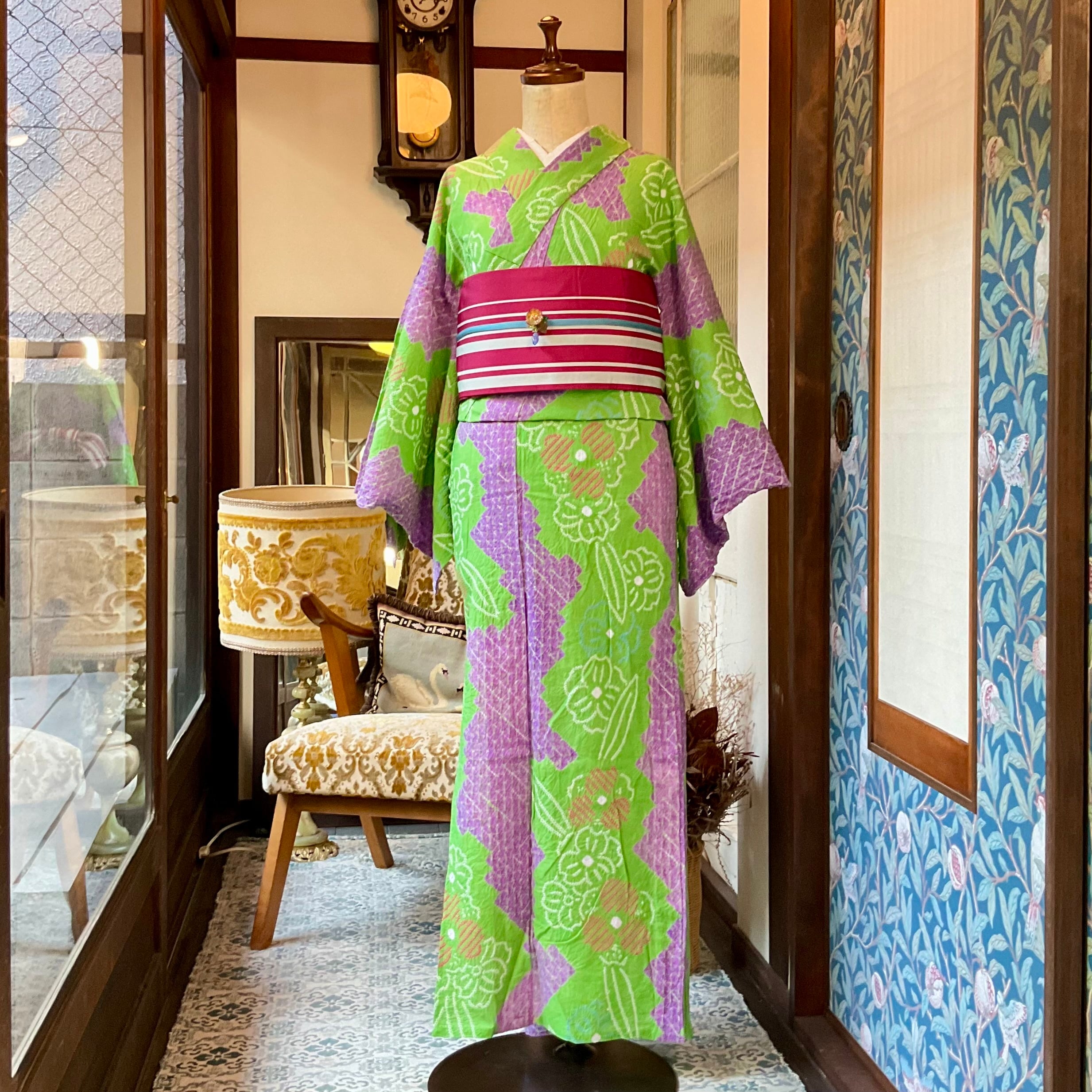 浴衣 有松鳴海絞り 葡萄 リーフ 流水 着物 063a d 浴衣 有松鳴海絞り