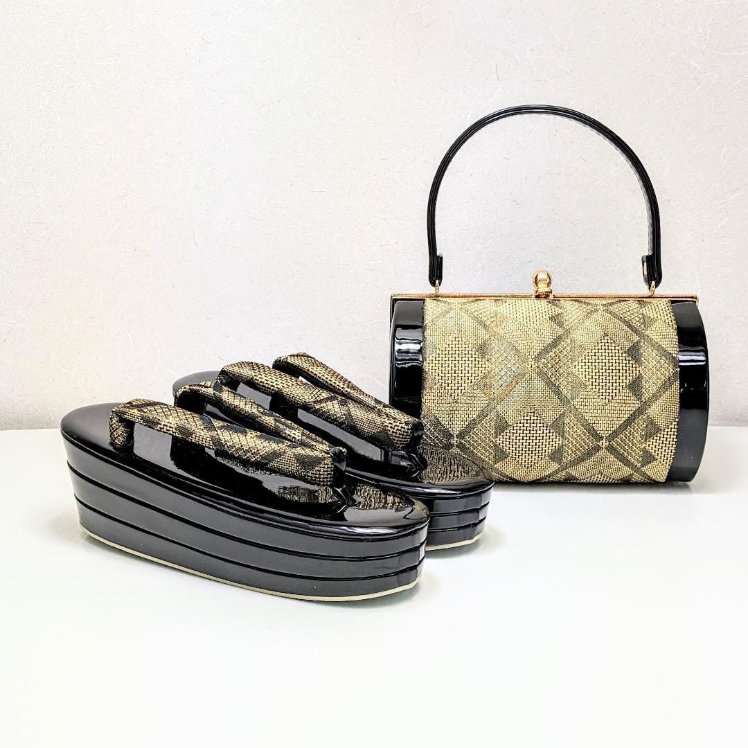 和装 草履バッグセット 帯地 梅 桜 白×黒 3枚芯 フリーサイズ k15-7