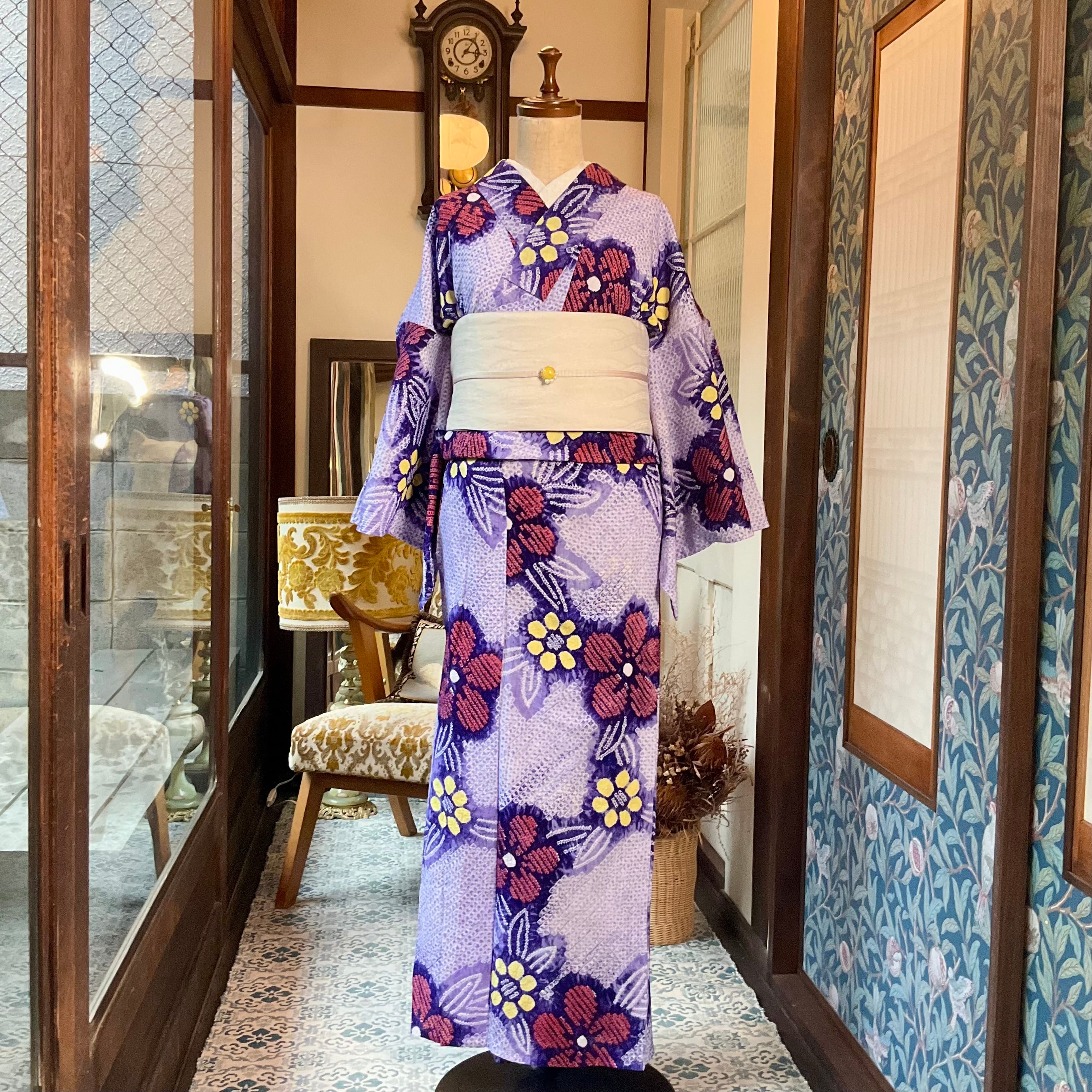 藤色の花園＊有松鳴海絞り浴衣 花 紫 赤 黄 A689 | kimono tento