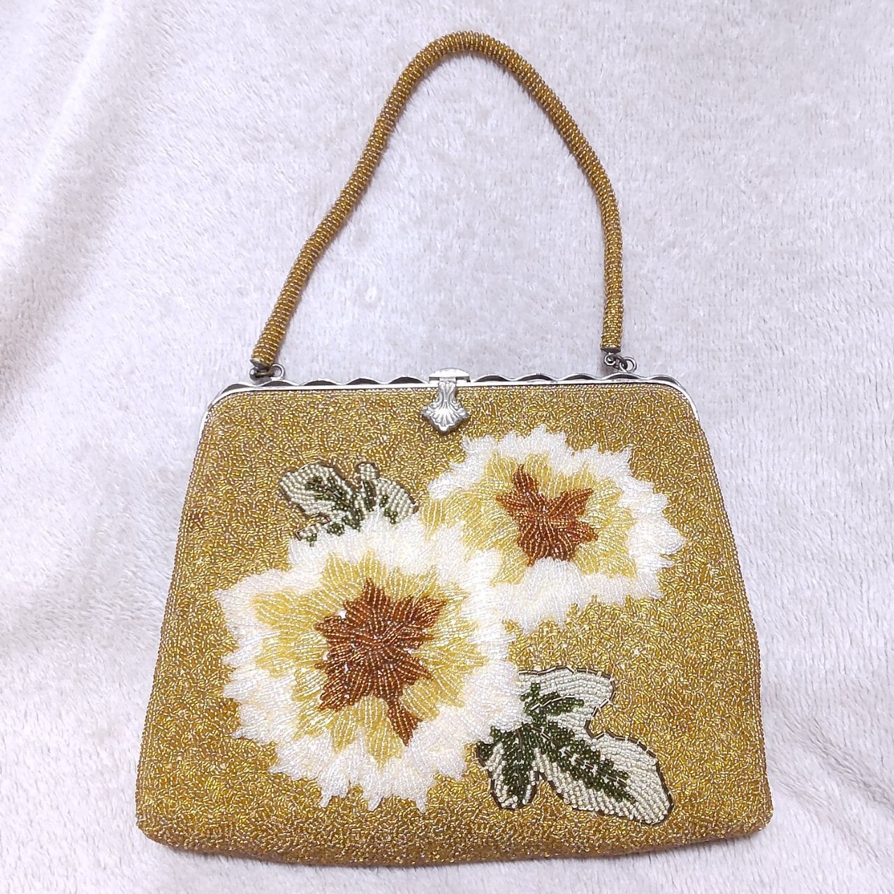 ビーズバッグ ハンドバッグ 和装 総ビーズ 白 ピンク 花柄 がま口 | Pay ID