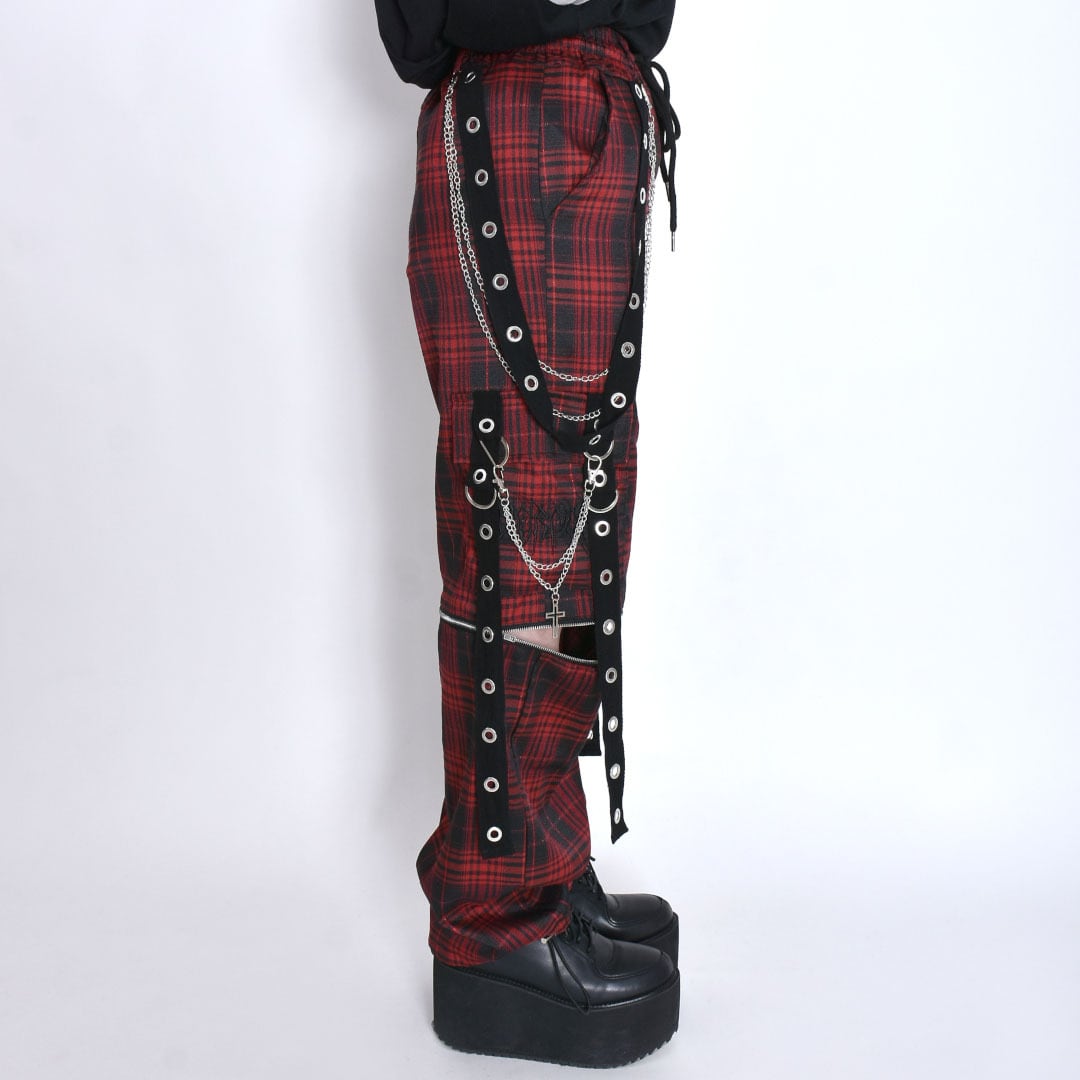 渋谷店で人気！】サブカルロゴ ZIPチェックハトメパンツ