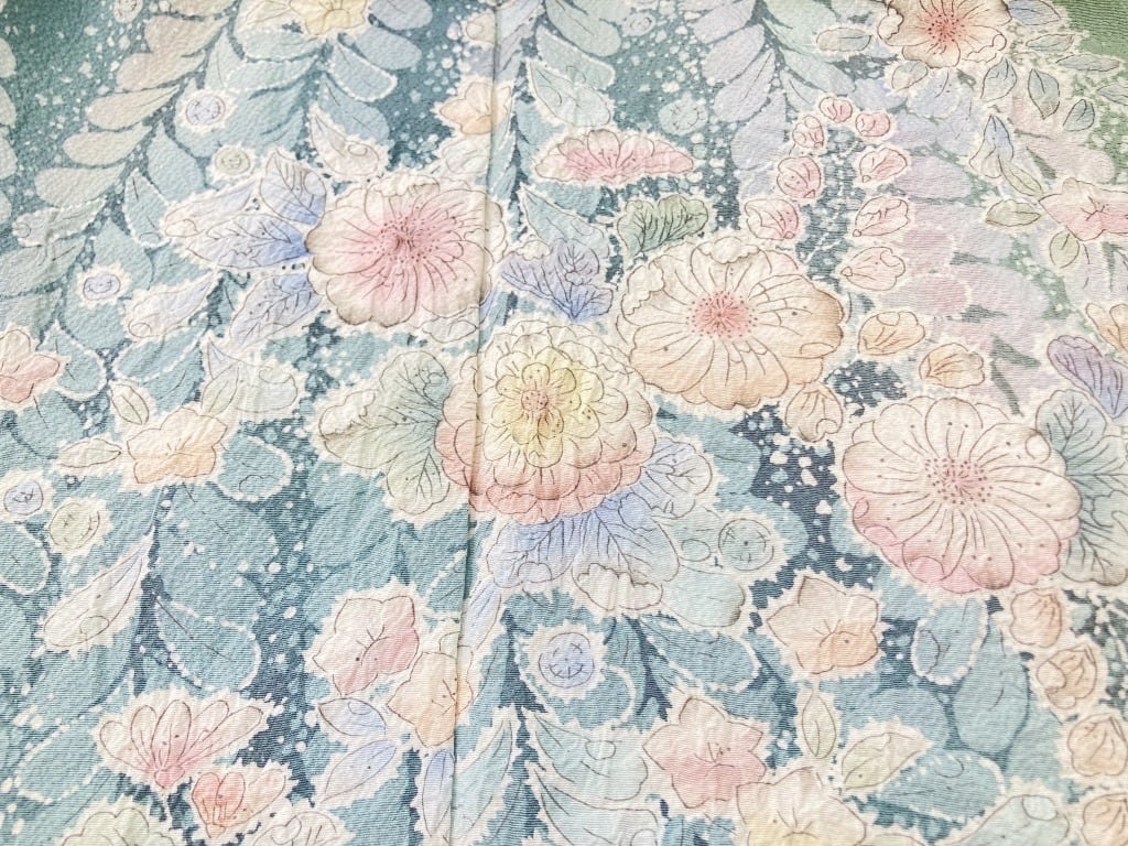 辻が花 絞り 染め分け 訪問着 袷 正絹 黄緑 青緑 パステルカラー 1280