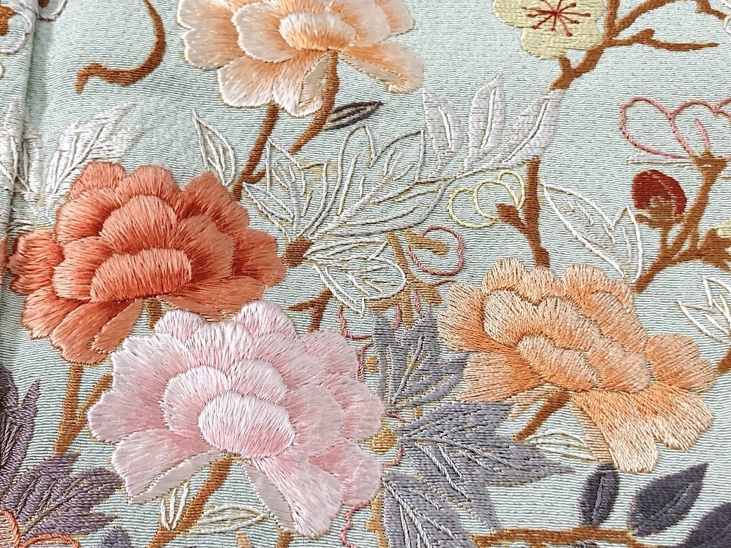 豪華総刺繍 蘇州刺繍 訪問着 一つ紋 四季の花々 花柄 正絹 黄緑 赤 緑