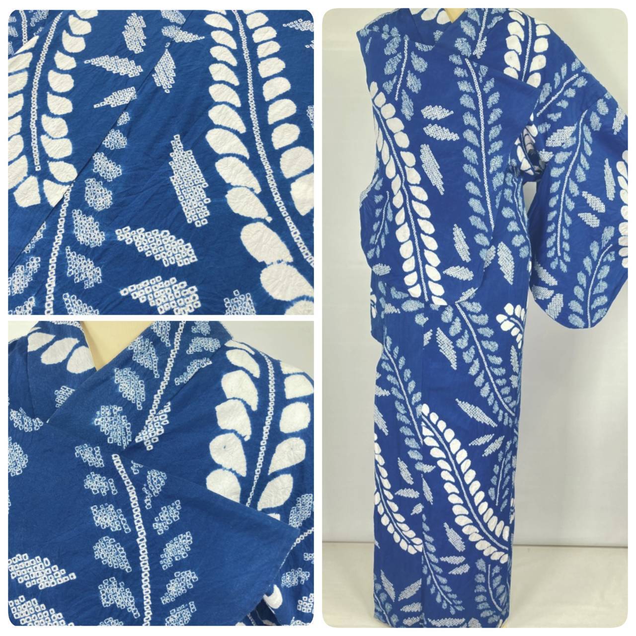 有松絞り【浴衣】希少品 藤の花 綿 夏着物 有松鳴海絞り 青 白 群青色