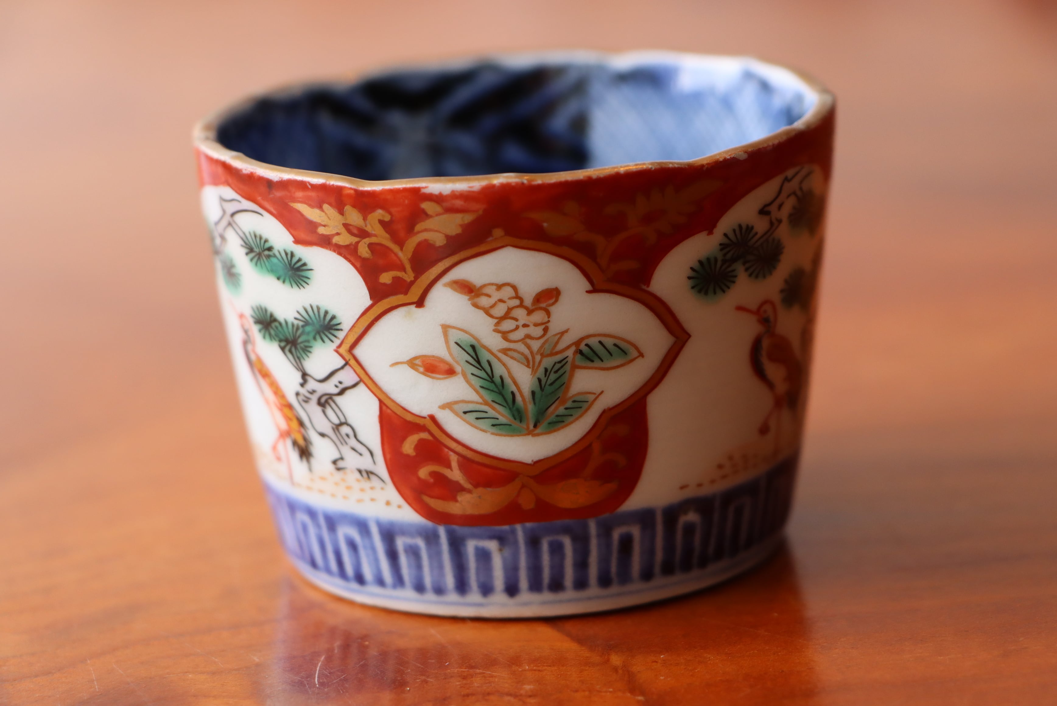 K636☆古伊万里 色絵 毬（いが）に栗図 蕎麦猪口 江戸中期