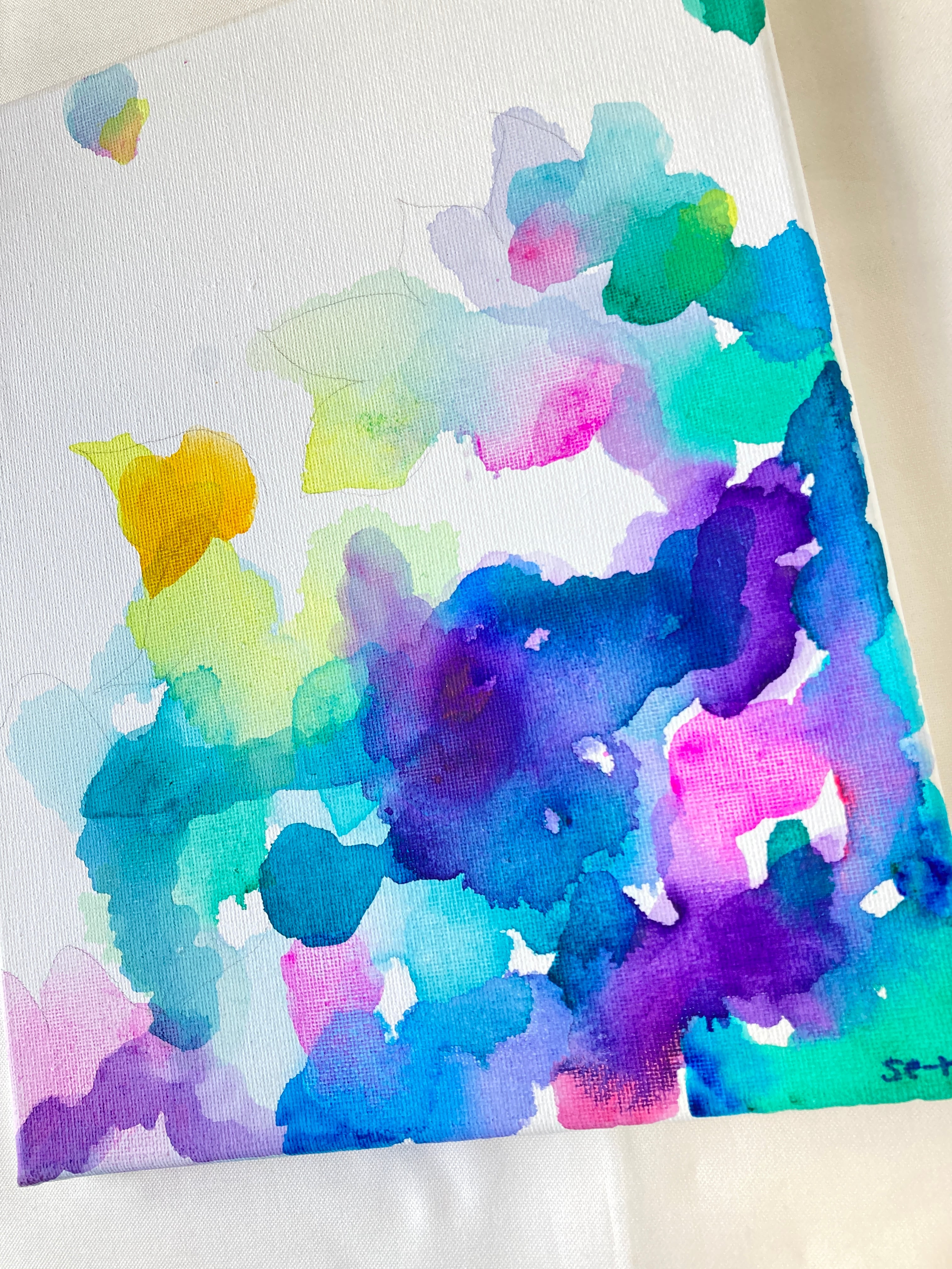 あふれこぼれて 絵画 青 緑 白 紫 キャンバス 抽象画 | sera artworks