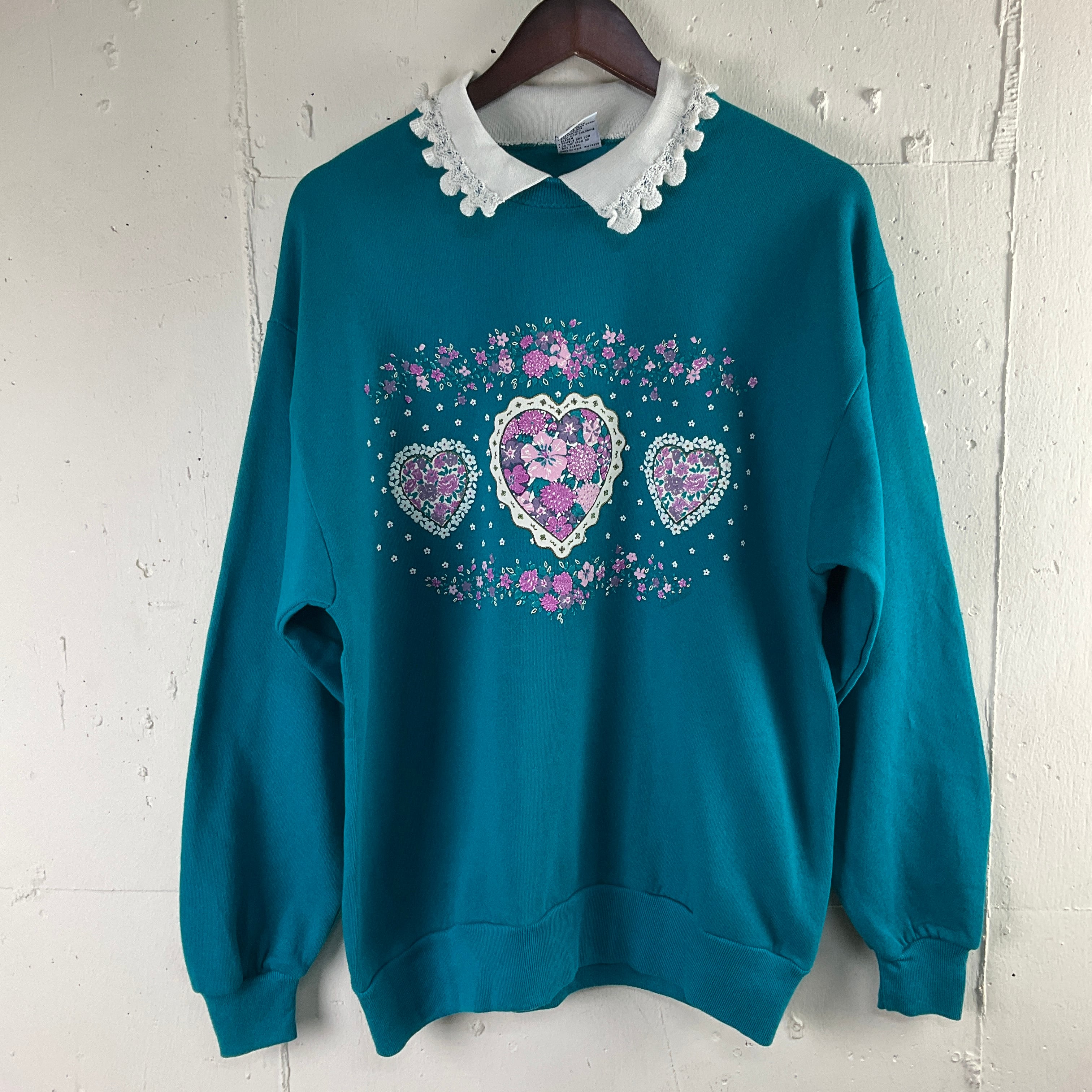 USA製 90s 90年代 花柄 ハート レース 鍵編み 襟付き スウェット