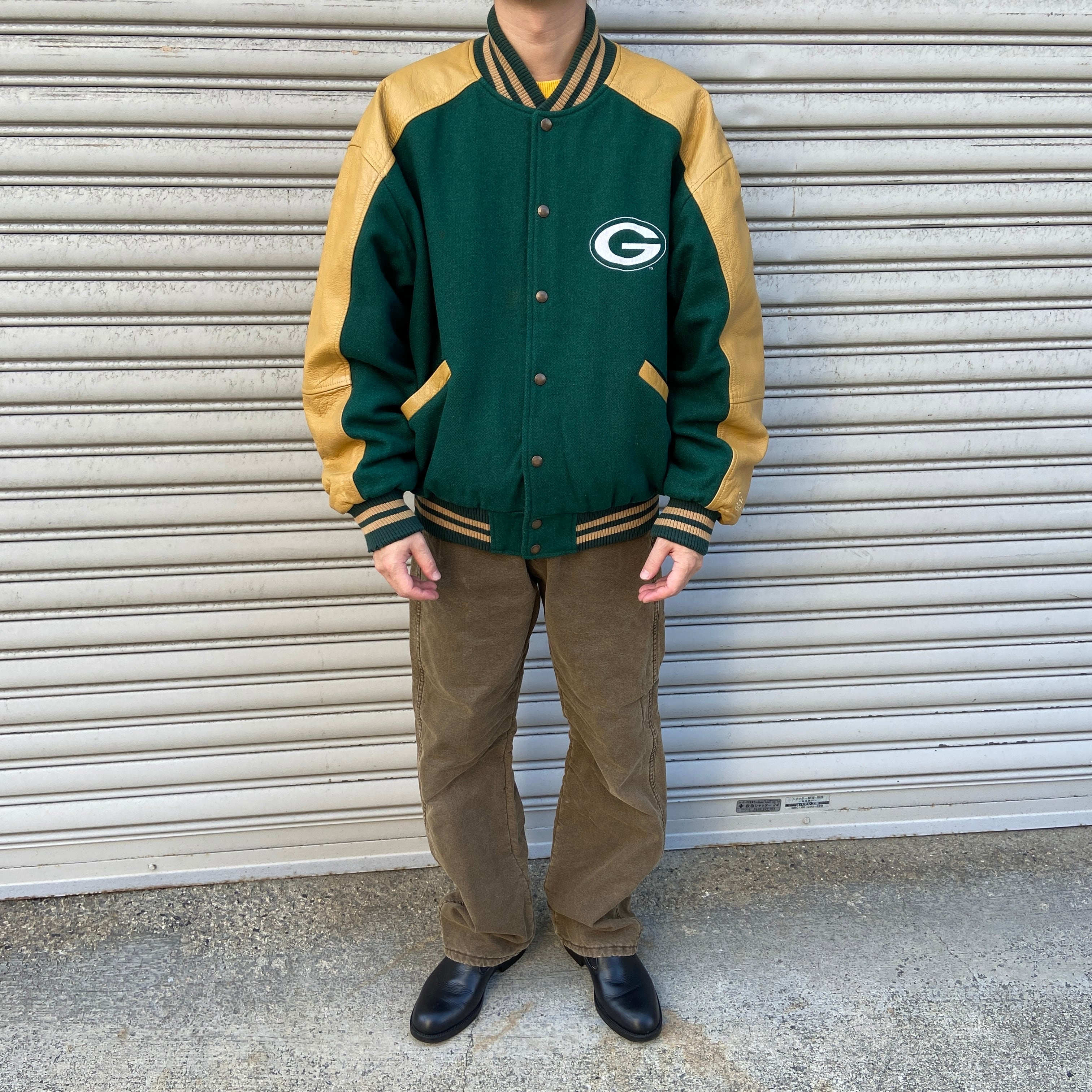 90s LeeSPORT グリーンベイパッカーズ レザー切替スタジャン 緑 L