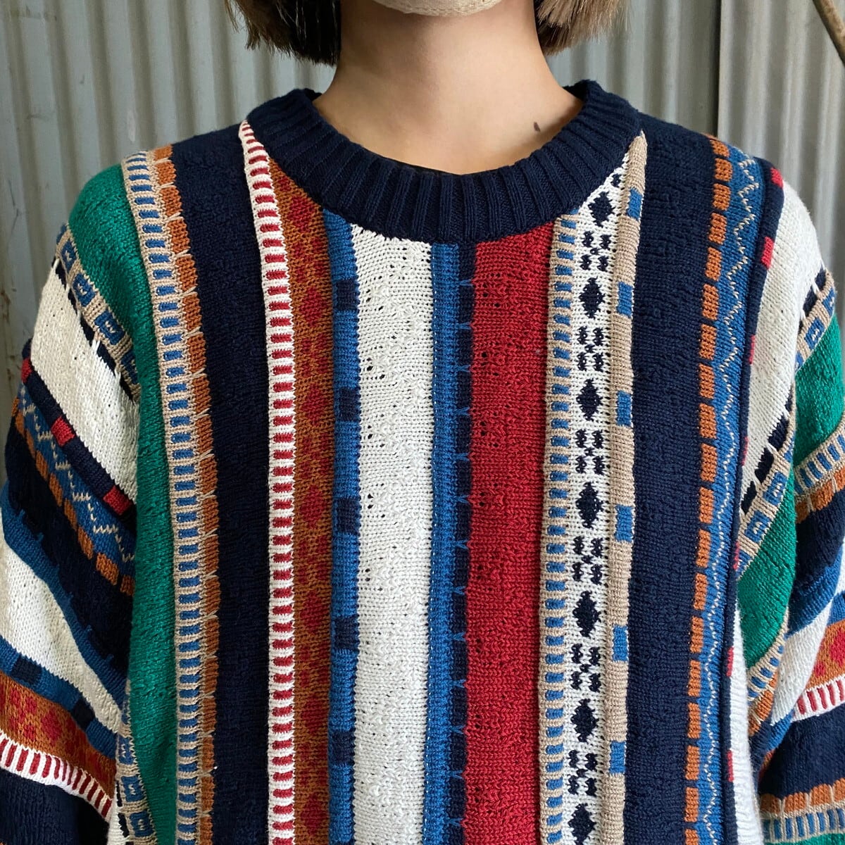 COTTON TRADERS クージー風 3Dニット 総柄 コットンニットセーター