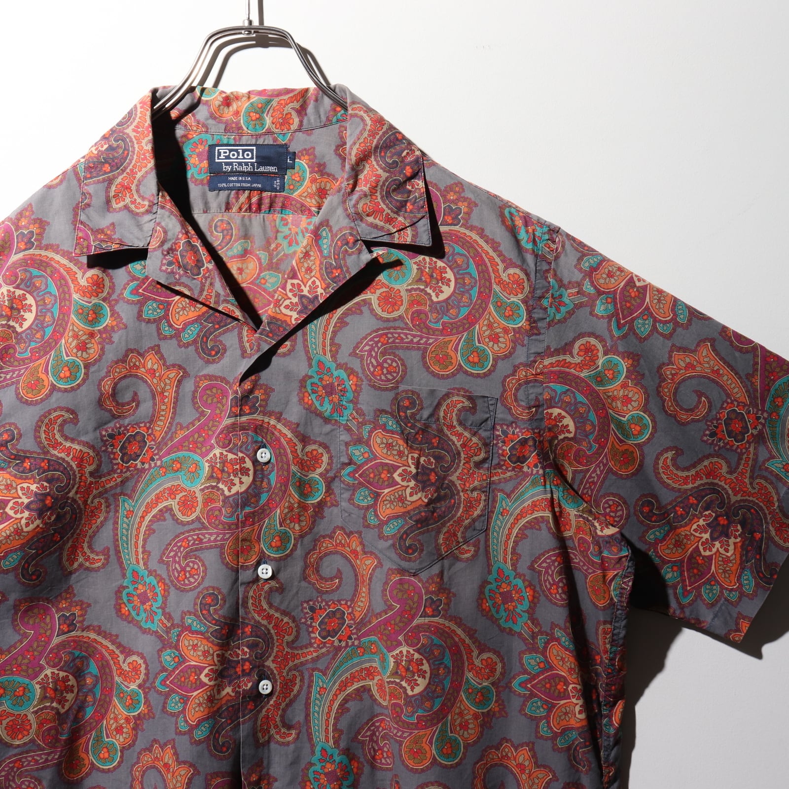 美品 L 米国製 総柄 ペイズリー ポロラルフローレン 半袖開襟シャツ