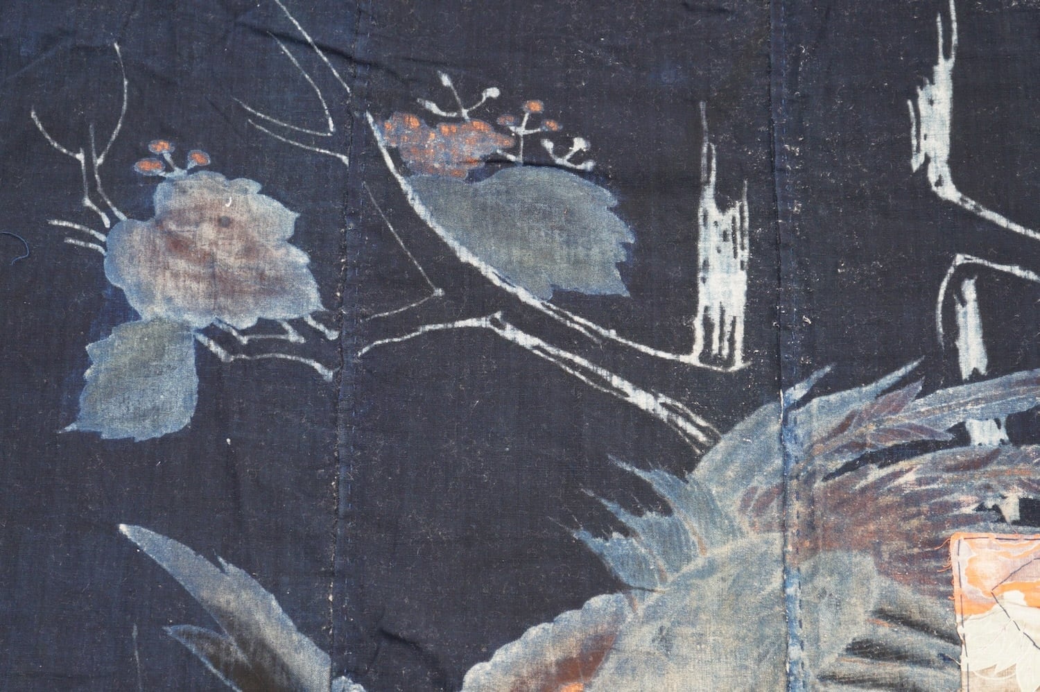 1871 筒描き 4幅 鳳凰 藍染 木綿 古布 明治〜大正 アンティーク