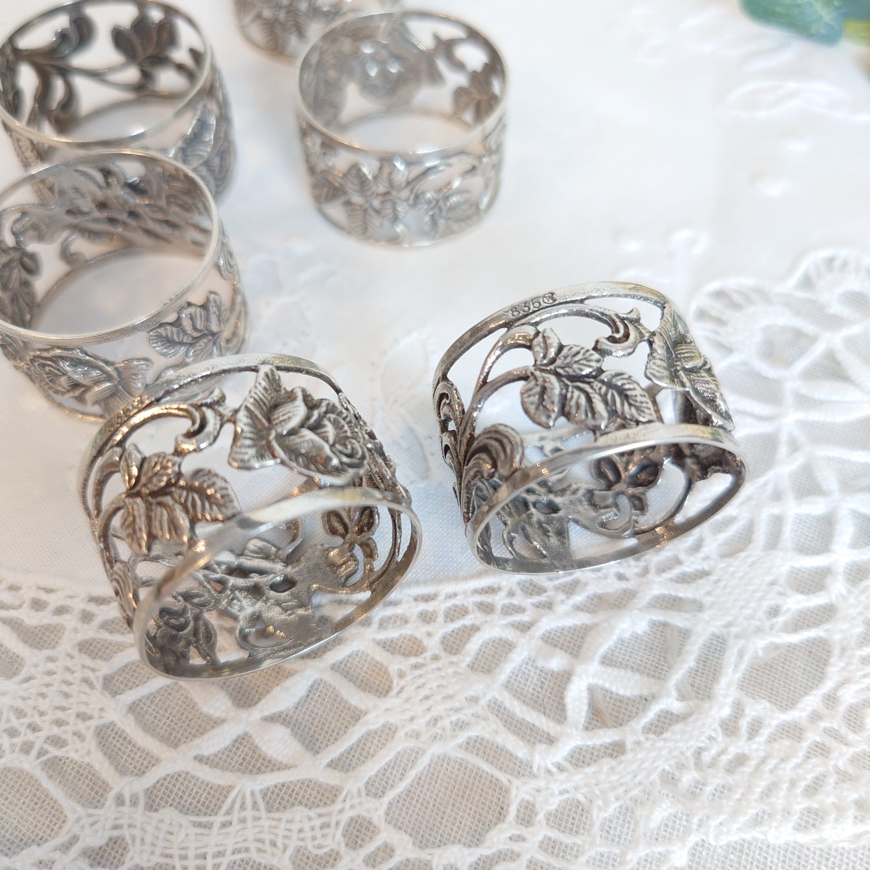 ドイツ 純銀 シルバー835 ローズデザイン ナプキンリング6個セット
