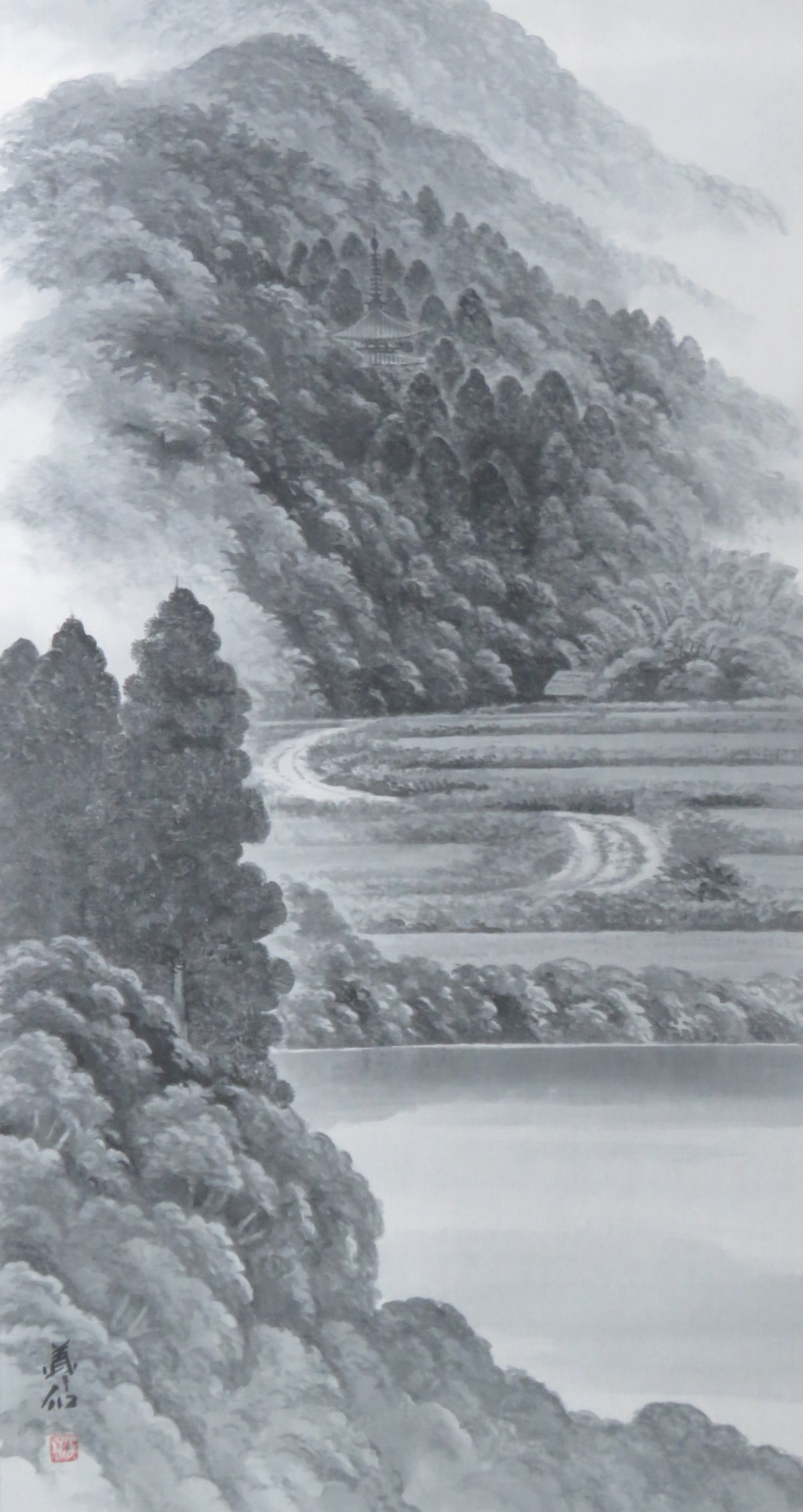 掛軸 南義信 水墨山水 大和路 共箱 尺五立 現代作家掛軸 JY1048