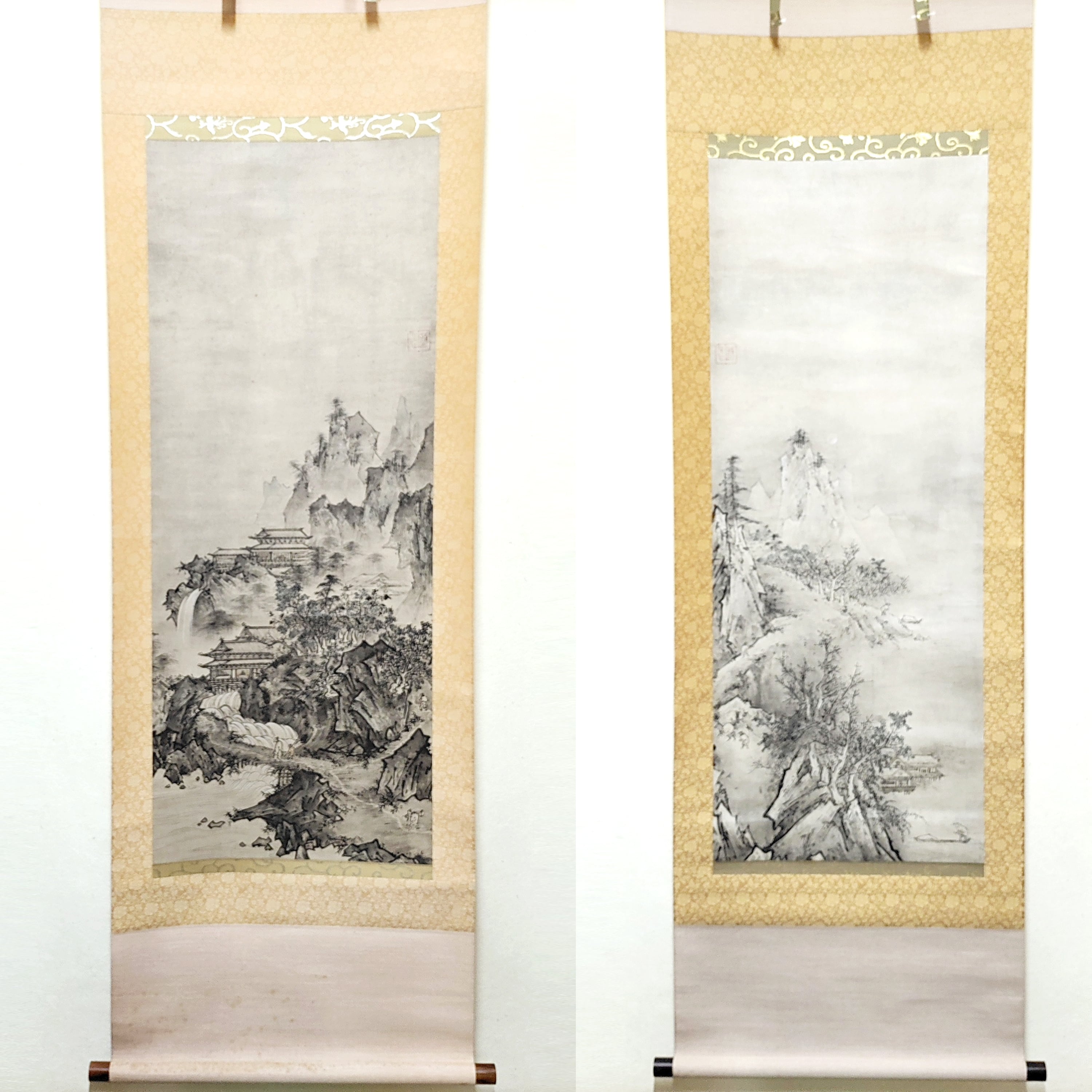 雪村周継・『夏冬山水図』・掛軸・複製・双幅・二本組・No.230511-27