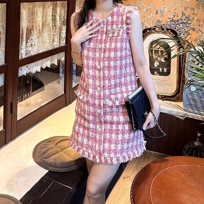 S完売残りわずか】ノースリーブピンクチェックワンピース | The