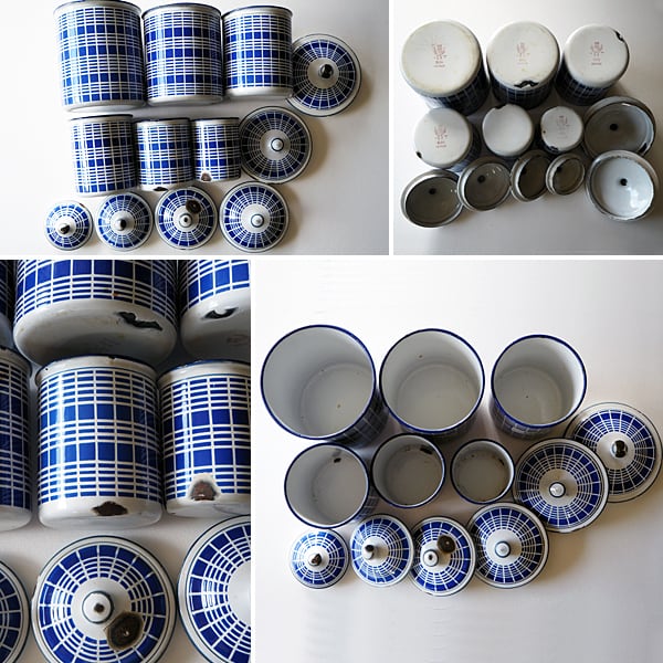 フランス アンティーク ホーロー キャニスター BB社 青ストライプ 6個