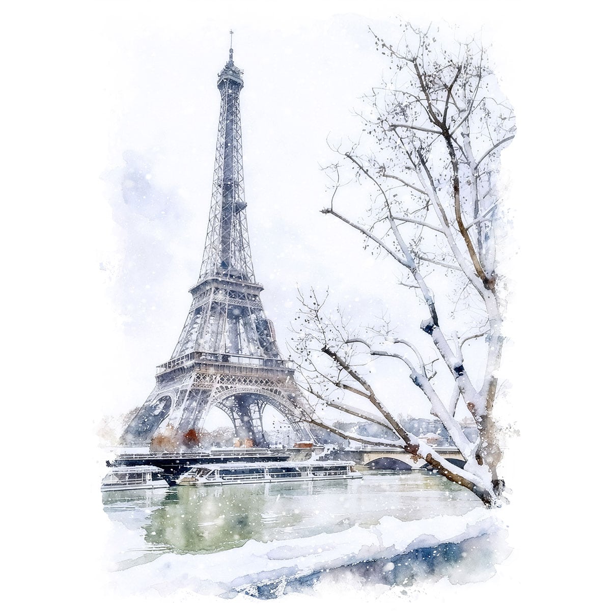 絵画 フランス 風景画(街並み) 冬 雪が降るセーヌ川とエッフェル塔